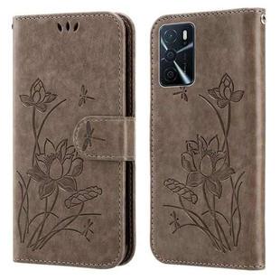 For OPPO A16 Lotus Embossed Leather Phone Case(Grey)