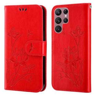 For Samsung Galaxy S22 Ultra 5G Lotus Embossed Leather Phone Case(Red)