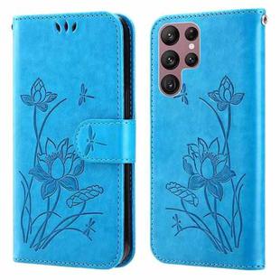 For Samsung Galaxy S22 Ultra 5G Lotus Embossed Leather Phone Case(Blue)