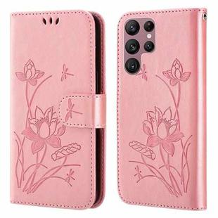 For Samsung Galaxy S22 Ultra 5G Lotus Embossed Leather Phone Case(Pink)