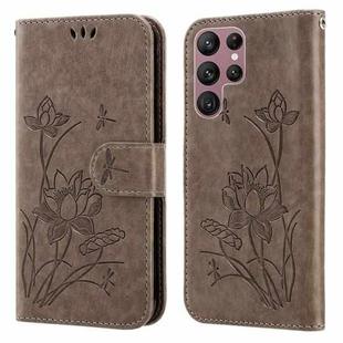 For Samsung Galaxy S22 Ultra 5G Lotus Embossed Leather Phone Case(Grey)