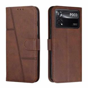 For Xiaomi Poco M4 Pro 5G Stitching Calf Texture Buckle Leather Phone Case(Brown)