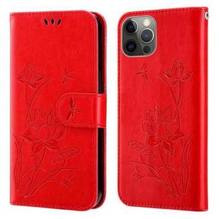 Lotus Embossed Leather Phone Case For iPhone 12 / 12 Pro(Red)