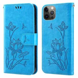 Lotus Embossed Leather Phone Case For iPhone 12 / 12 Pro(Blue)