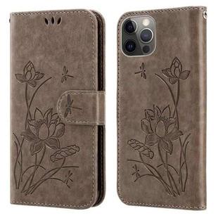 Lotus Embossed Leather Phone Case For iPhone 12 Pro Max(Grey)