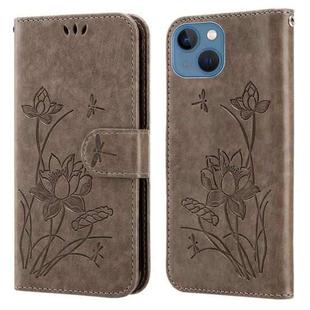 Lotus Embossed Leather Phone Case For iPhone 13 mini(Grey)
