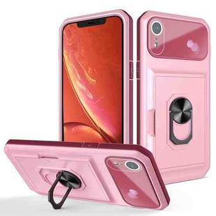 Card Ring Holder PC + TPU Phone Case For iPhone XR(Pink+Wine Red)