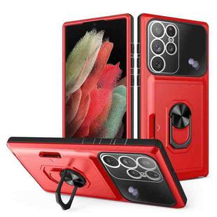 For Samsung Galaxy S22 Ultra 5G Card Ring Holder PC + TPU Phone Case(Red+Black)