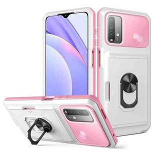 For Xiaomi Redmi Note 9 4G Card Ring Holder PC + TPU Phone Case(White+Pink)