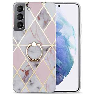 For Samsung Galaxy S22 5G Electroplating IMD Marble TPU Phone Case with Ring(Light Pink Grey)