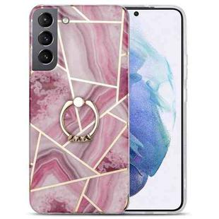 For Samsung Galaxy S21 FE 5G Electroplating IMD Marble TPU Phone Case with Ring(Rose Red)