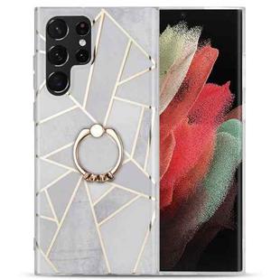 For Samsung Galaxy S22 Ultra 5G Electroplating IMD Marble TPU Phone Case with Ring(Grey)