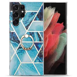 For Samsung Galaxy S22 Ultra 5G Electroplating IMD Marble TPU Phone Case with Ring(Blue)