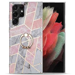For Samsung Galaxy S22 Ultra 5G Electroplating IMD Marble TPU Phone Case with Ring(Pink Grey)