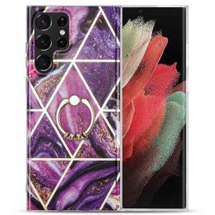 For Samsung Galaxy S22 Ultra 5G Electroplating IMD Marble TPU Phone Case with Ring(Purple)