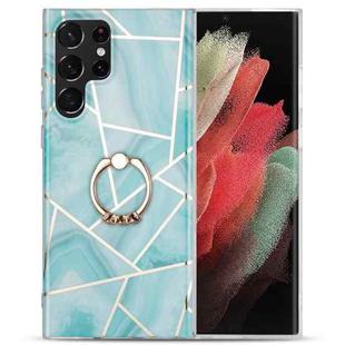 For Samsung Galaxy S22 Ultra 5G Electroplating IMD Marble TPU Phone Case with Ring(Green)