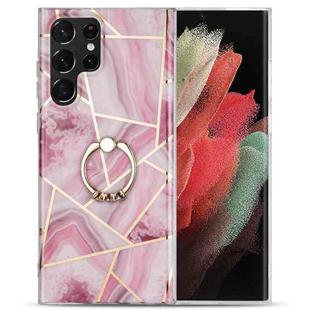 For Samsung Galaxy S21 Ultra 5G Electroplating IMD Marble TPU Phone Case with Ring(Rose Red)