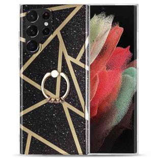 For Samsung Galaxy S21 Ultra 5G Electroplating IMD Marble TPU Phone Case with Ring(Black)