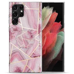 For Samsung Galaxy S22 Ultra 5G IMD Marble TPU Phone Case with Folding Holder(Rose Red)