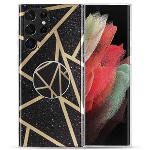 For Samsung Galaxy S22 Ultra 5G IMD Marble TPU Phone Case with Folding Holder(Black)