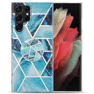 For Samsung Galaxy S22 Ultra 5G IMD Marble TPU Phone Case with Folding Holder(Blue)