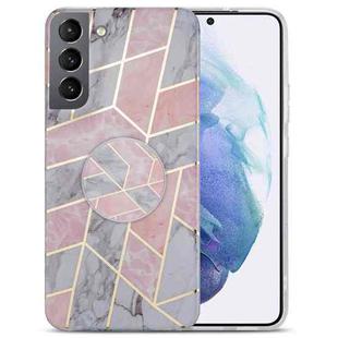 For Samsung Galaxy S21 FE 5G IMD Marble TPU Phone Case with Holder(Pink Grey)