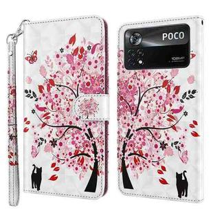 For Xiaomi Poco X4 Pro 5G 3D Painting Pattern TPU + PU Leather Phone Case(Cat Under The Tree)