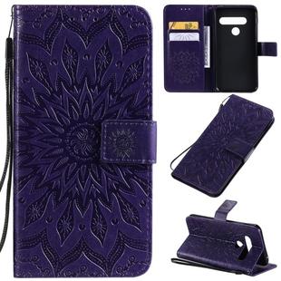 For LG G8S ThinQ Pressed Printing Sunflower Pattern Horizontal Flip PU Leather Case with Holder & Card Slots & Wallet & Lanyard(Purple)