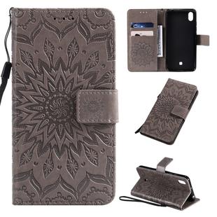 For LG K20 (2019) Pressed Printing Sunflower Pattern Horizontal Flip PU Leather Case with Holder & Card Slots & Wallet & Lanyard(Gray)