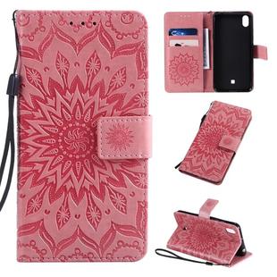 For LG K20 (2019) Pressed Printing Sunflower Pattern Horizontal Flip PU Leather Case with Holder & Card Slots & Wallet & Lanyard(Pink)