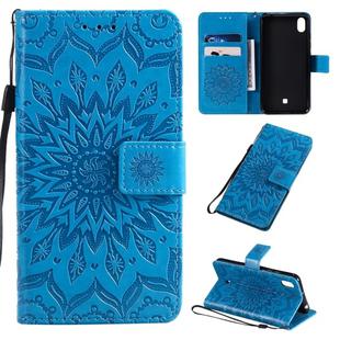 For LG K20 (2019) Pressed Printing Sunflower Pattern Horizontal Flip PU Leather Case with Holder & Card Slots & Wallet & Lanyard(Blue)