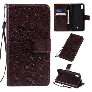 For LG K20 (2019) Pressed Printing Sunflower Pattern Horizontal Flip PU Leather Case with Holder & Card Slots & Wallet & Lanyard(Brown)