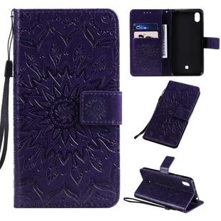 For LG K20 (2019) Pressed Printing Sunflower Pattern Horizontal Flip PU Leather Case with Holder & Card Slots & Wallet & Lanyard(Purple)