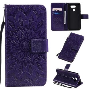 For LG K40S Pressed Printing Sunflower Pattern Horizontal Flip PU Leather Case with Holder & Card Slots & Wallet & Lanyard(Purple)