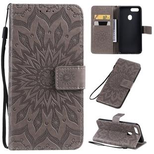 For OPPO A5 / A35 Pressed Printing Sunflower Pattern Horizontal Flip PU Leather Case with Holder & Card Slots & Wallet & Lanyard(Gray)