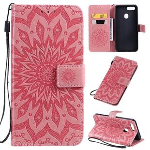 For OPPO A5 / A35 Pressed Printing Sunflower Pattern Horizontal Flip PU Leather Case with Holder & Card Slots & Wallet & Lanyard(Pink)