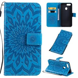 For OPPO A5 / A35 Pressed Printing Sunflower Pattern Horizontal Flip PU Leather Case with Holder & Card Slots & Wallet & Lanyard(Blue)