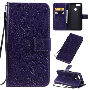 For OPPO A5 / A35 Pressed Printing Sunflower Pattern Horizontal Flip PU Leather Case with Holder & Card Slots & Wallet & Lanyard(Purple)