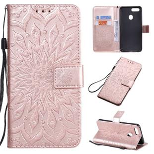 For OPPO A5 / A35 Pressed Printing Sunflower Pattern Horizontal Flip PU Leather Case with Holder & Card Slots & Wallet & Lanyard(Rose Gold)