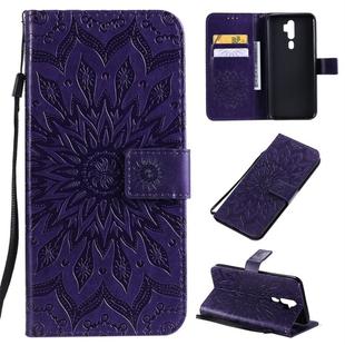 For OPPO A9 2020 / A5 2020 Pressed Printing Sunflower Pattern Horizontal Flip PU Leather Case with Holder & Card Slots & Wallet & Lanyard(Purple)