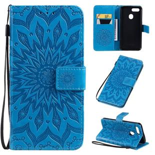 For OPPO A7 / A5s Pressed Printing Sunflower Pattern Horizontal Flip PU Leather Case with Holder & Card Slots & Wallet & Lanyard(Blue)