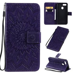For OPPO A7 / A5s Pressed Printing Sunflower Pattern Horizontal Flip PU Leather Case with Holder & Card Slots & Wallet & Lanyard(Purple)