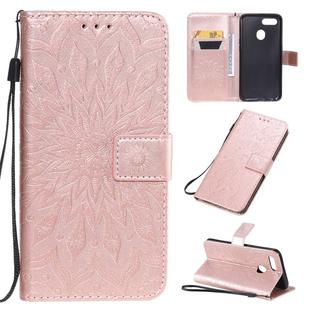 For OPPO A7 / A5s Pressed Printing Sunflower Pattern Horizontal Flip PU Leather Case with Holder & Card Slots & Wallet & Lanyard(Rose Gold)