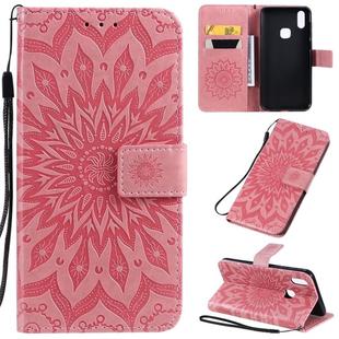 For Vivo V11i Pressed Printing Sunflower Pattern Horizontal Flip PU Leather Case with Holder & Card Slots & Wallet & Lanyard(Pink)