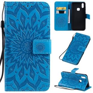 For Vivo V11i Pressed Printing Sunflower Pattern Horizontal Flip PU Leather Case with Holder & Card Slots & Wallet & Lanyard(Blue)