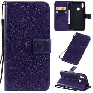 For Vivo V11i Pressed Printing Sunflower Pattern Horizontal Flip PU Leather Case with Holder & Card Slots & Wallet & Lanyard(Purple)