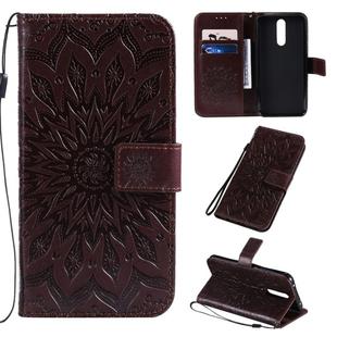 For Xiaomi Redmi 8 Pressed Printing Sunflower Pattern Horizontal Flip PU Leather Case with Holder & Card Slots & Wallet & Lanyard(Brown)