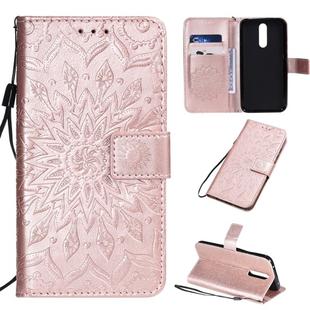 For Xiaomi Redmi 8 Pressed Printing Sunflower Pattern Horizontal Flip PU Leather Case with Holder & Card Slots & Wallet & Lanyard(Rose Gold)