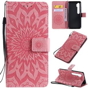 For Xiaomi Mi CC9 Pro / Mi Note 10 Pressed Printing Sunflower Pattern Horizontal Flip PU Leather Case with Holder & Card Slots & Wallet & Lanyard(Pink)