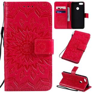 For Motorola MOTO E6 Play Pressed Printing Sunflower Pattern Horizontal Flip PU Leather Case with Holder & Card Slots & Wallet & Lanyard(Red)